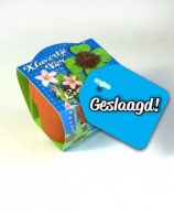 Terracotta klavertje vier met label GESLAAGD!